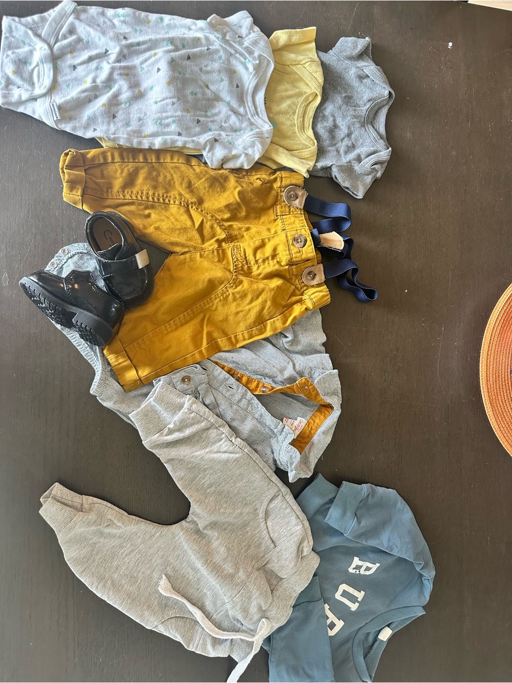 Mustard Yellow Baby Overalls with Navy Straps + Neutral Essentials